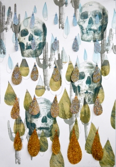 Glitter Skulls, Print Media with Glitter and Stitching, 22x15”, 2019